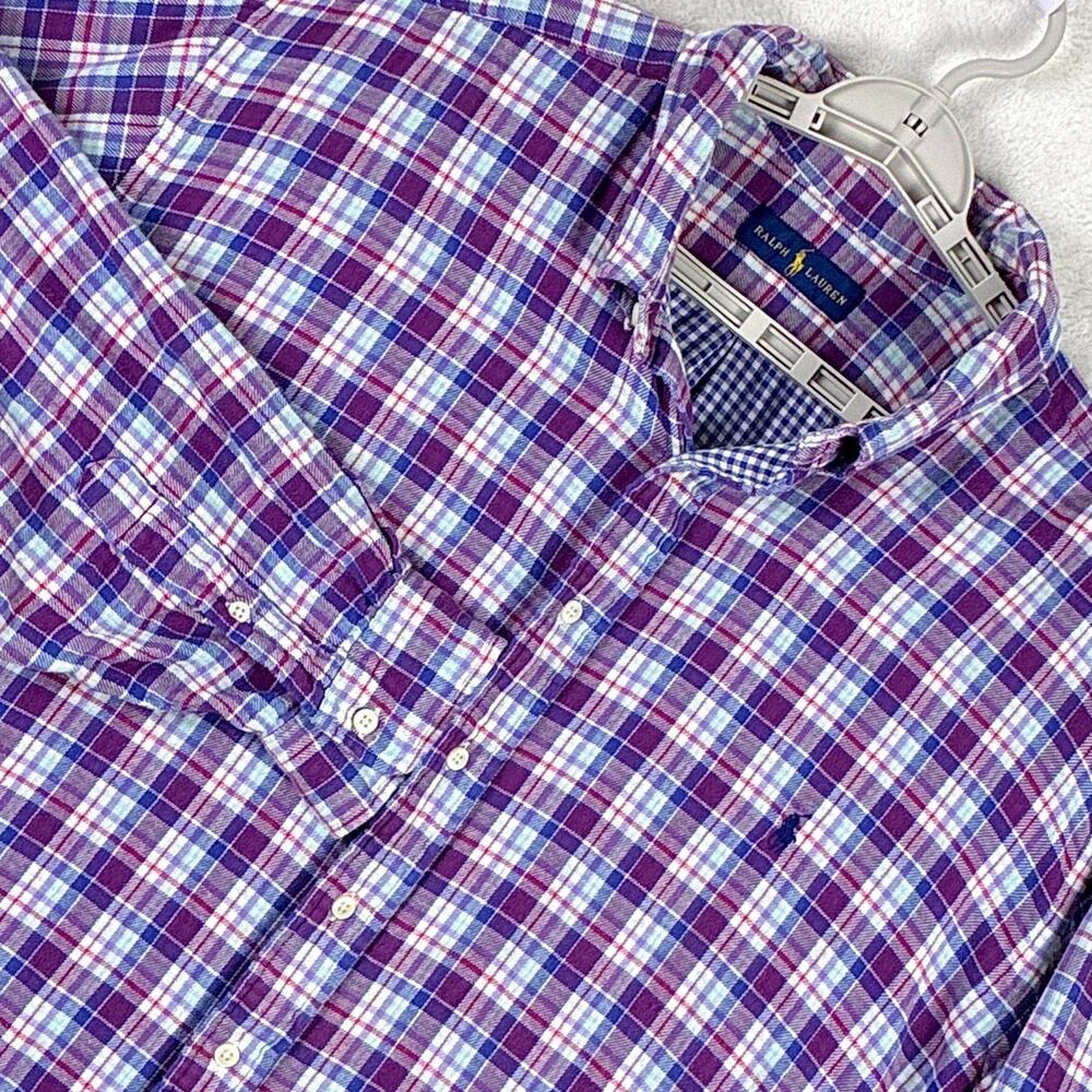 Ralph Lauren Flannel Shirt Mens 3XB Purple Blue Plaid Navy Pony Preppy Classic
